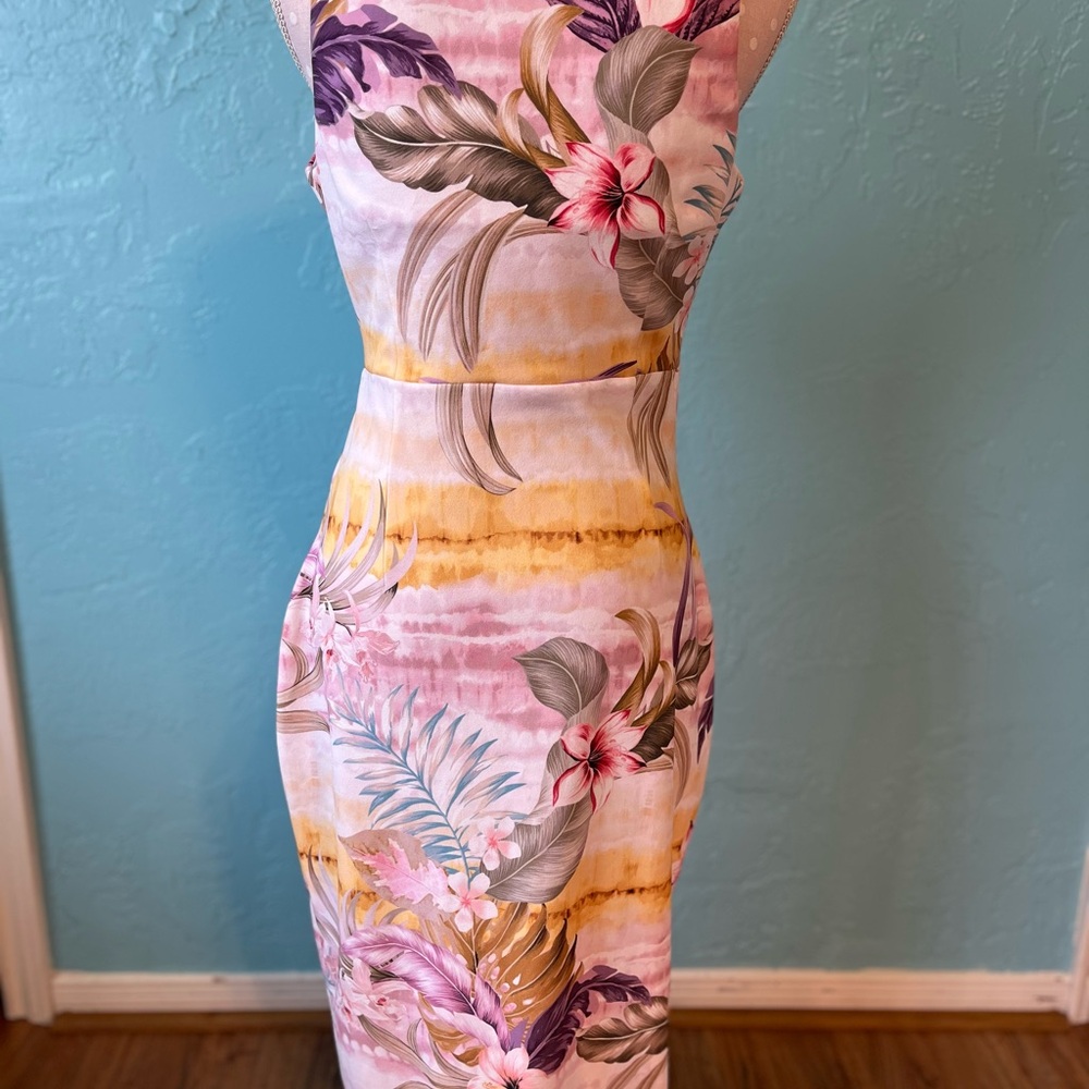 Guess Floral Midi Dress in Pink and Yellow - Picture 2 of 4